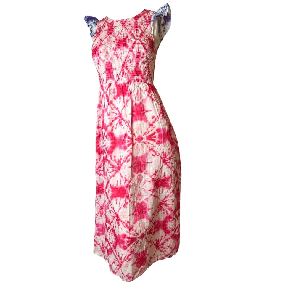THML NWT 100% Cotton Pink Tie Dye Floral Smocked Midi Dress XS Boho Beach Resort